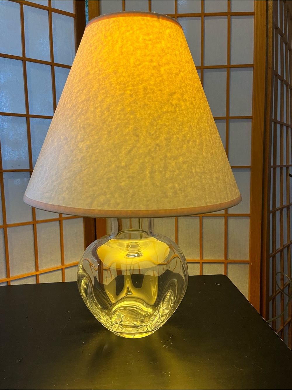 Vintage Simon Pearce handblown glass table lamp with linen shade
